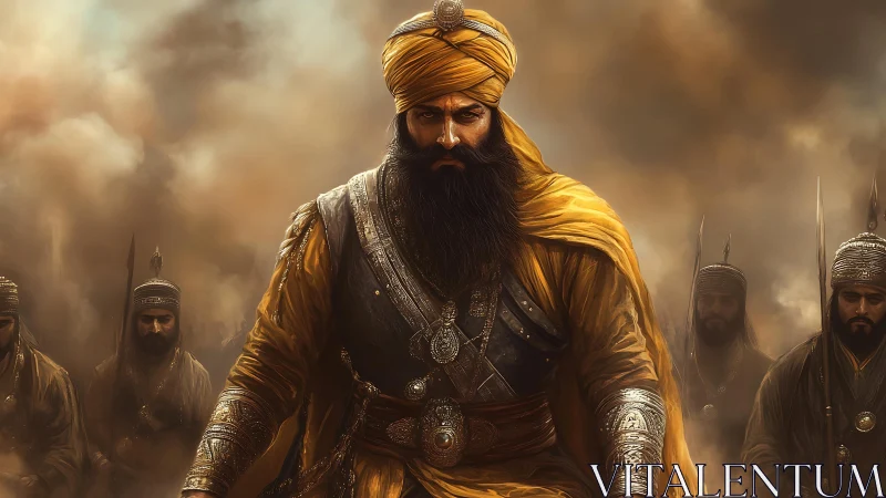 Sikh warrior leader in ornate armor stands before armed retinue