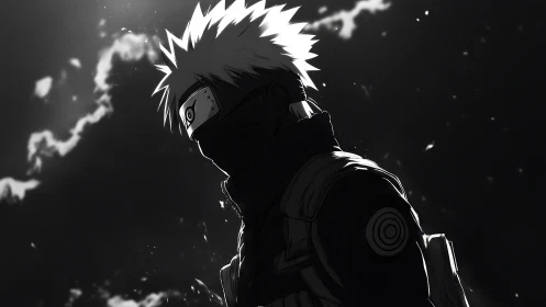 Shadow-slashed ninja sentinel framed in silver stormlight.