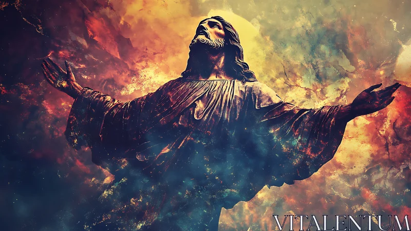 Radiant robed figure lifts open arms in celestial light