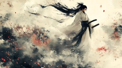 Storm-kissed samurai drifts through swirling clouds and embers