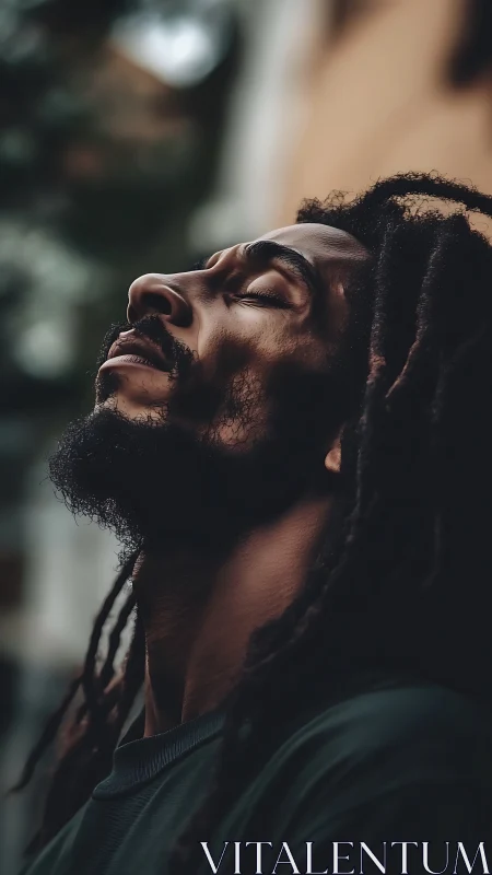 Low key portrait profile with upward tilt and dreadlock detail.