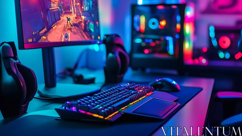 Cozy RGB gaming setup glowing in vibrant neon light.