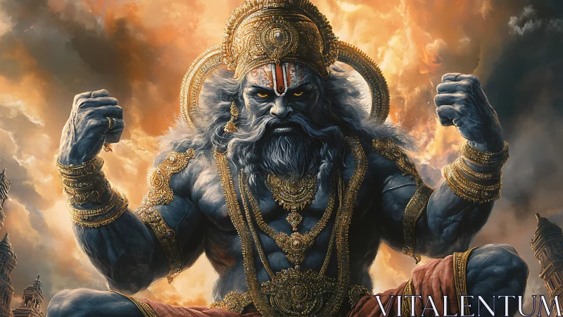 Divine warrior deity emerges in stormlit celestial power