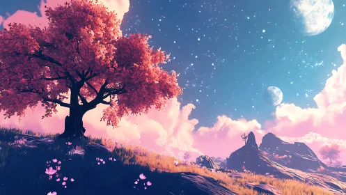 Celestial pink tree anchors a luminous dual-moon fantasy horizon