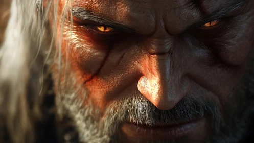 Weathered warrior close-up with intense glowing eyes.