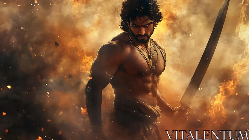 Warrior with curved sword emerges from swirling battlefield fire