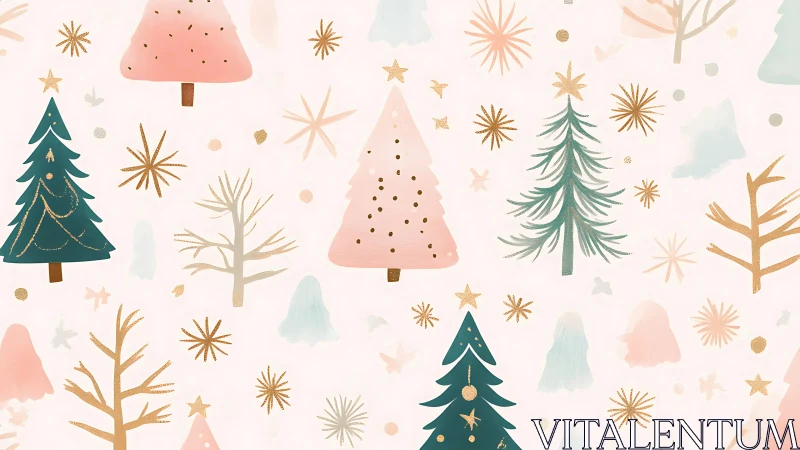 Stylized pastel Christmas trees repeat in flat digital pattern