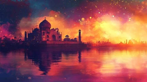 Spectral Taj Mahal skyline under chromatic nebula dusk reflection.