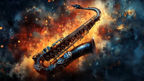 Glowing saxophone over abstract fiery blue backdrop.