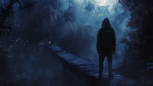 Lone hooded wanderer crosses moonlit mist bridge at night.