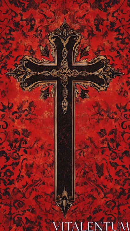 Baroque black cross with gilded filigree on distressed red field