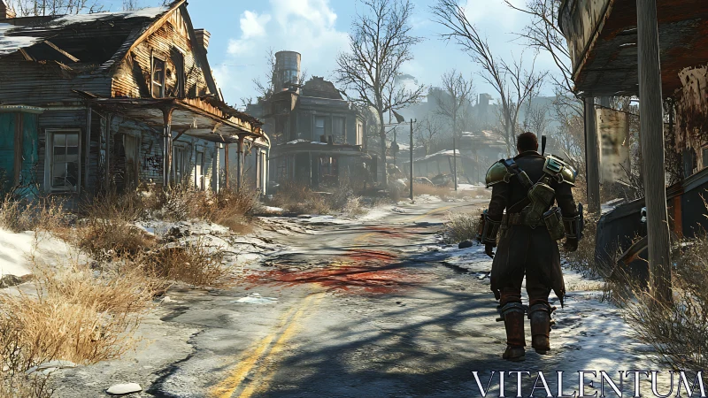 Armored wanderer stalks a blood-marked winter wasteland street