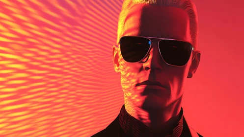 Cool neon stranger bathed in rippling sunset glow.