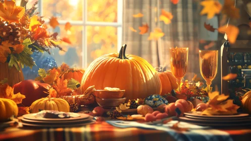 Autumn harvest table with central pumpkin, backlit by warm window light