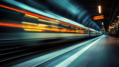 High speed train traverses illuminated underground platform