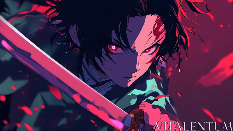 Blazing red-eyed swordsman cleaving through twilight fury.