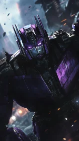 Armored cybernetic mech advances through neon-lit warzone