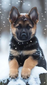 German shepherd puppy watches snowfall in soft winter light
