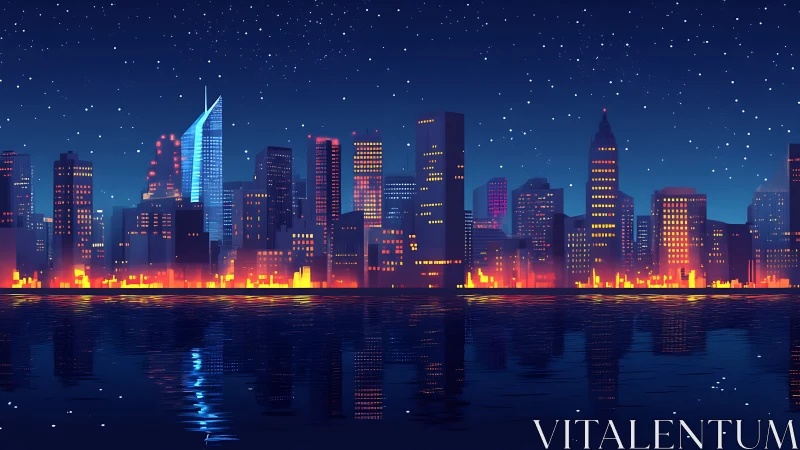 Starry night city skyline glowing over calm water.