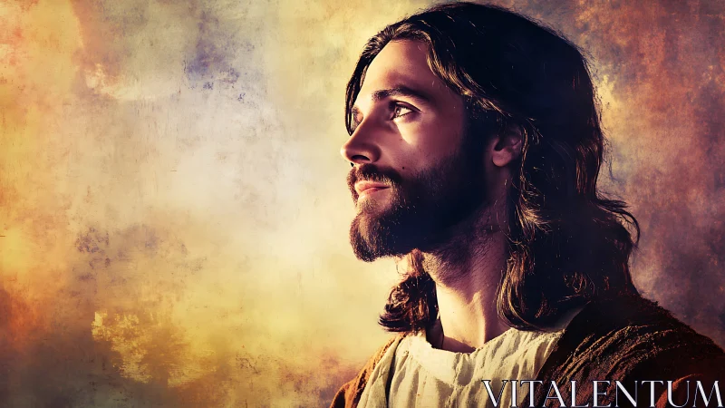 Profile view of robed man against textured gradient background