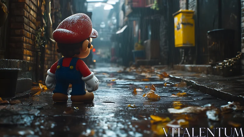 Toy plumber stands in rainy alley with wet autumn leaves