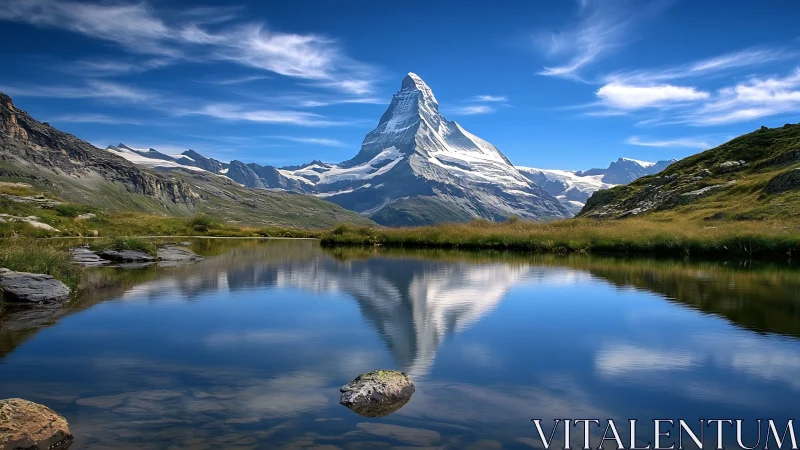 Symmetric alpine peak mirrored in high-altitude glacial lake
