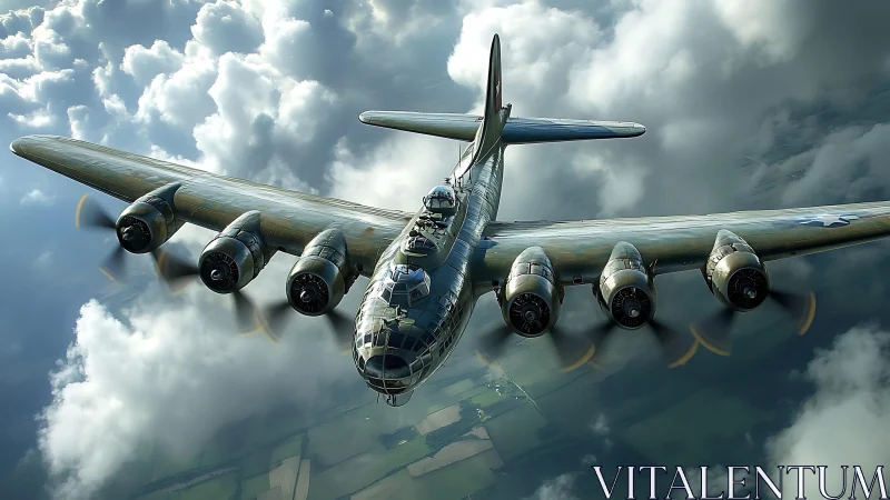 Storm-burnished bomber slices through sunlit cathedral clouds.