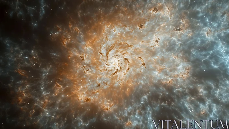 Spiral nebula core with swirling orange blue gas clouds.
