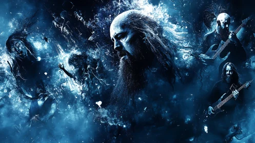 Moody cosmic metal band drifting through electric blue night.