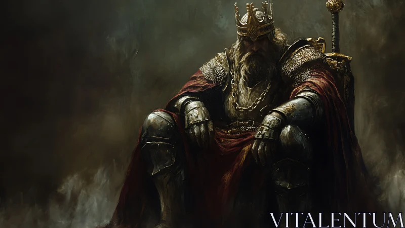 Battle-weary king in tarnished armor slumps upon a somber throne.