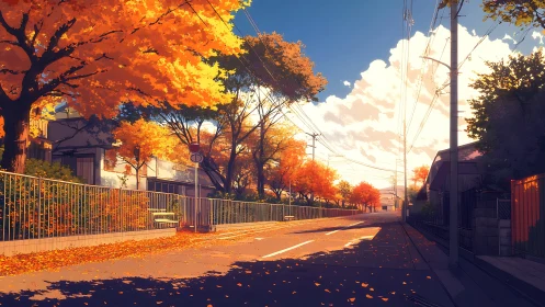 Autumn city street under golden trees at sunset light.