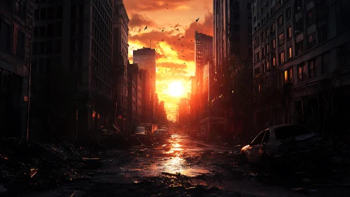 Abandoned city street at sunset with damaged buildings and cars.