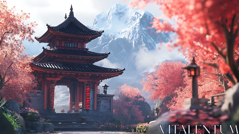 Spring temple gate beneath snowy mountain daydreams.