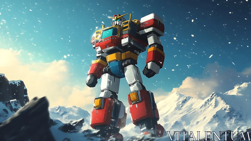 Majestic snowbound mecha guardian strides across bright peaks