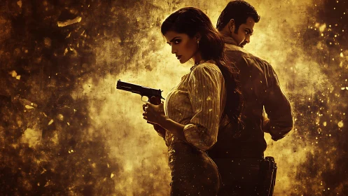 Gun-wielding duo in cinematic golden backlit portrait.