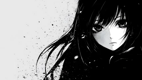 Ink splinters orbit a solemn anime girl lost in grayscale