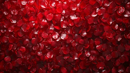 Lustrous crimson petals densely layered with sculptural dimension and reflective surface.