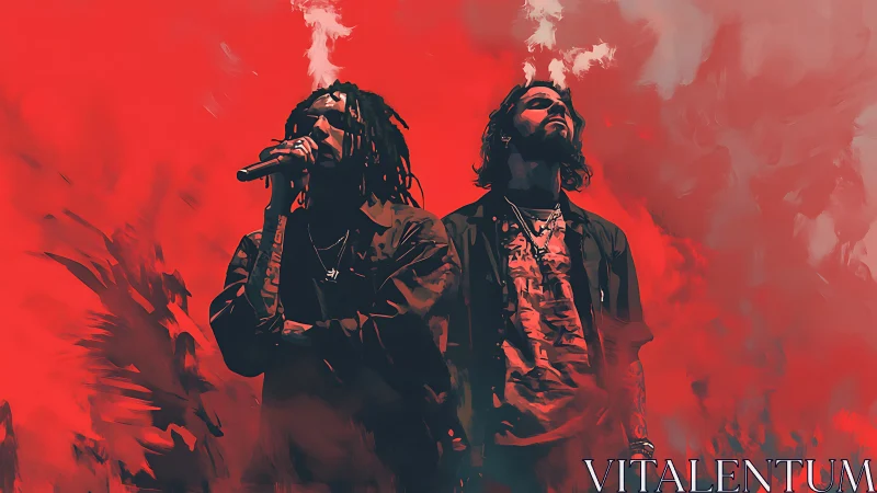 Digital painting of dual performers in red atmospheric haze.