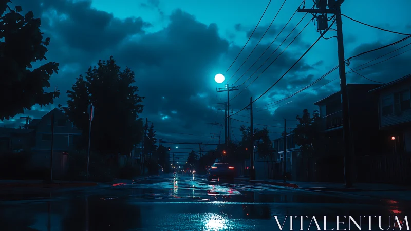 Nocturnal suburban street with wet asphalt and distant sedan