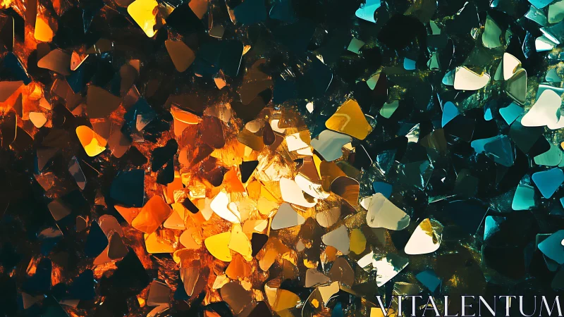 Abstract stained glass pattern with vibrant yellow, orange, and teal hues.