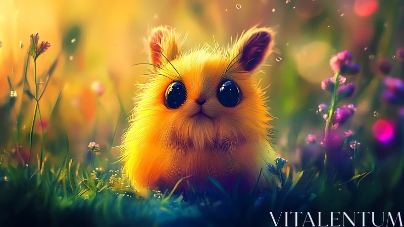 Fluffy yellow creature under dreamy sunset garden light.