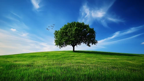 Lone Green Tree on Rolling Hill Under Vivid Blue Sky, Natural Scene.