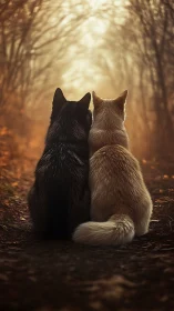 Two dogs sit on forest path under warm backlit canopy glow