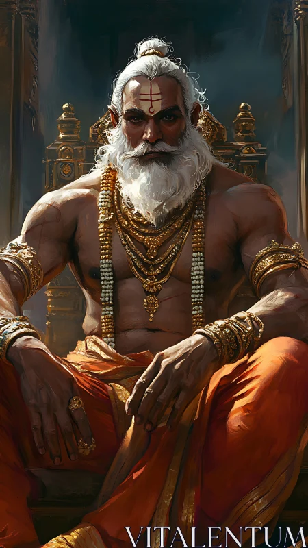 Bearded warrior sage king sits on ornate golden throne