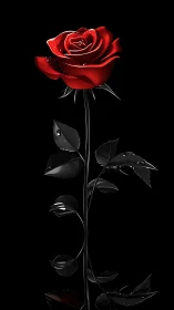 Crimson Rose with Metallic Petals Against Black Void.