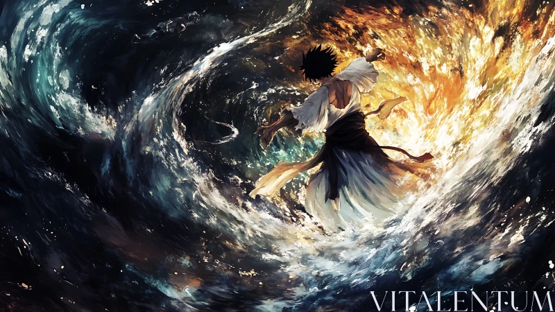 Figure amid swirling water and fire in dynamic vortex scene.