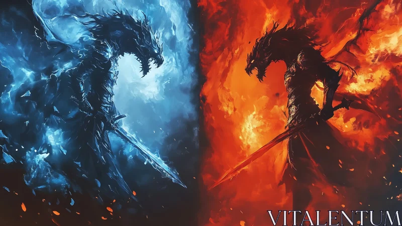 Elemental dragon knights in opposing blue and red flames.