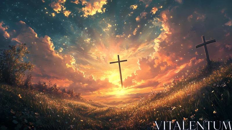 Radiant sunset illuminates three crosses on rolling hills.