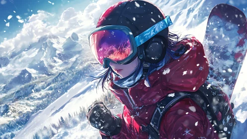 Crimson rider carves frozen horizons in alpine anime blaze.