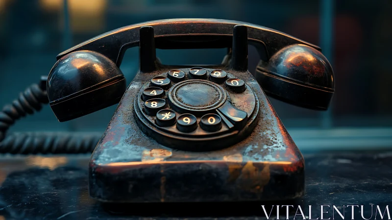 Photorealistic close-up of weathered rotary dial telephone on desk.